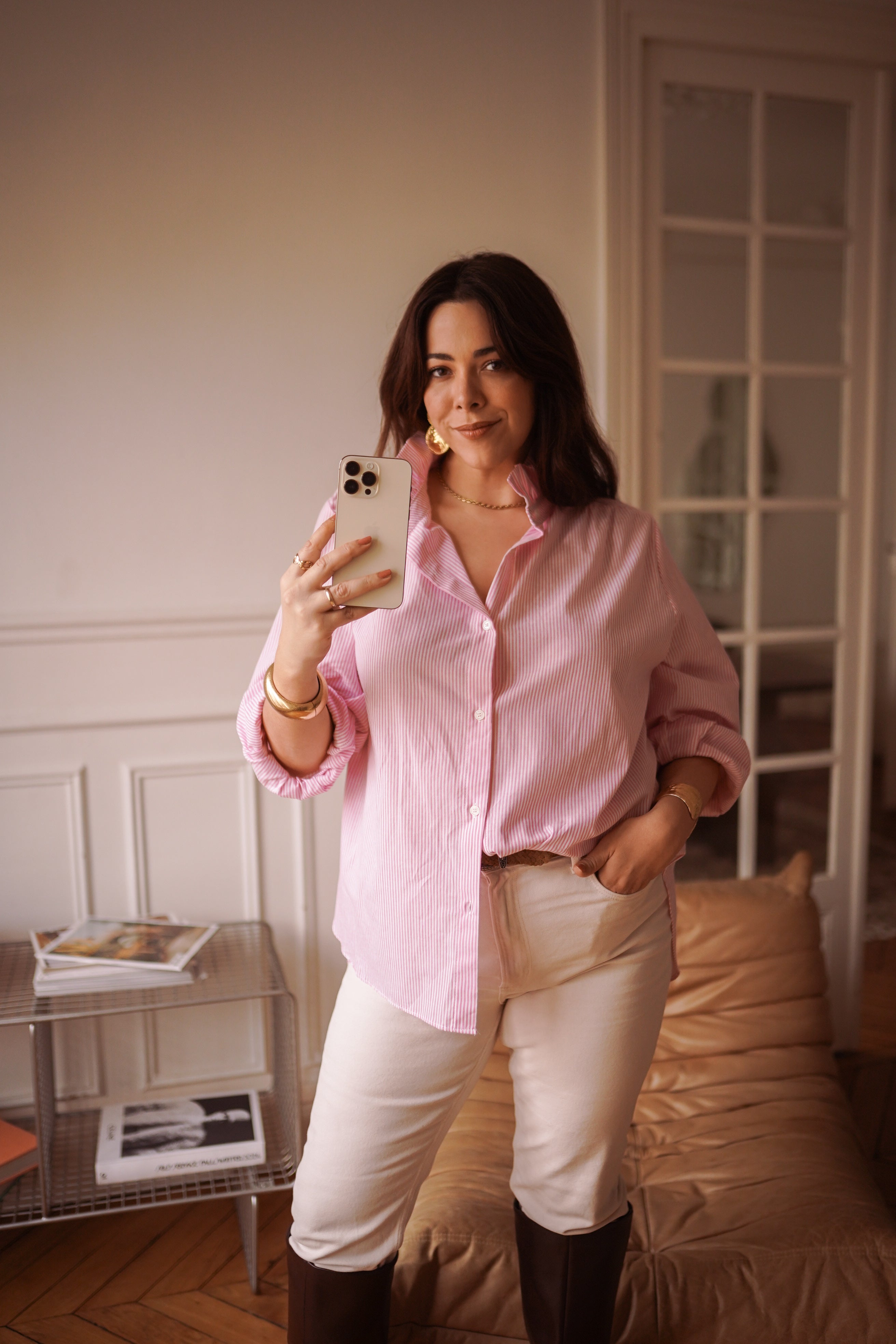 Camisa rayas cuello romantico mujer en rosa