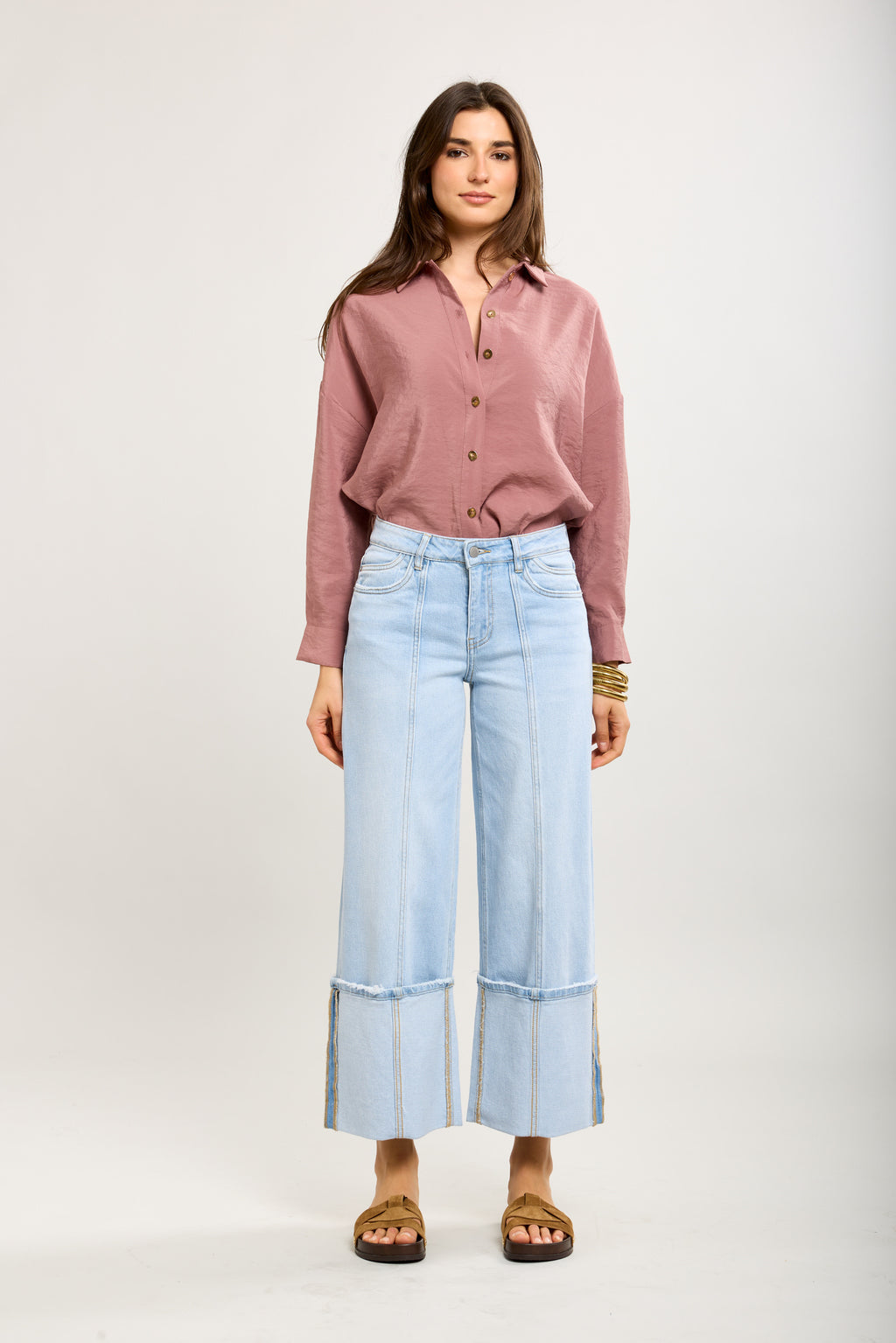 Pantalón jeans culotte y bajo vuelta mujer azul claro