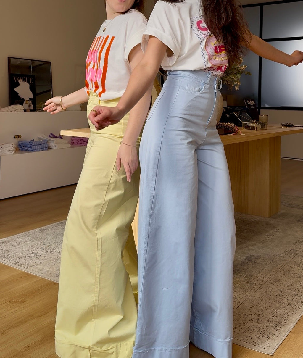 Pantalón wide leg algodón en amarillo y azul mujer