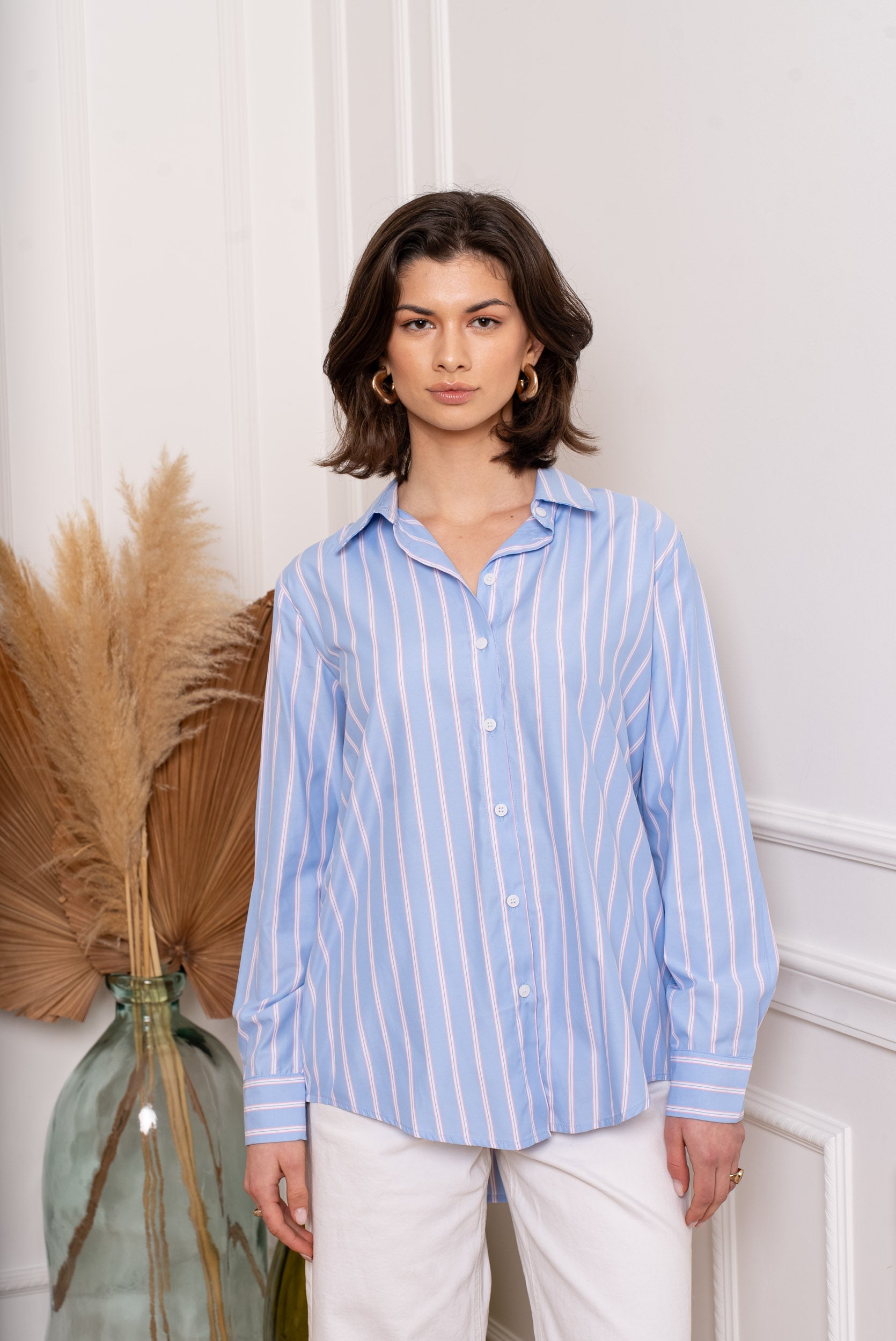 Camisa rayas mujer en celeste y rosa