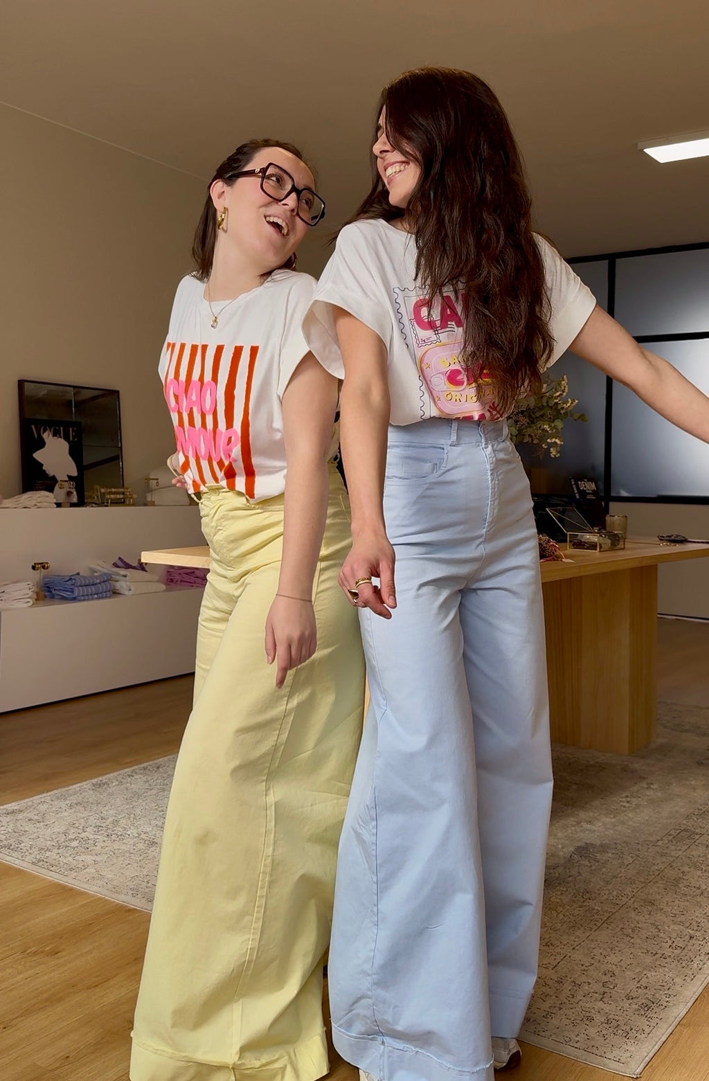 Pantalón wide leg algodón en amarillo y azul mujer