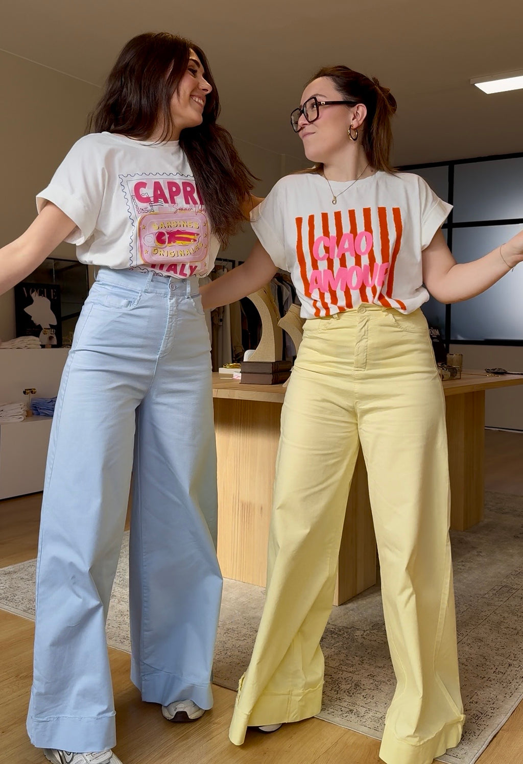 Pantalón wide leg algodón en amarillo y azul mujer