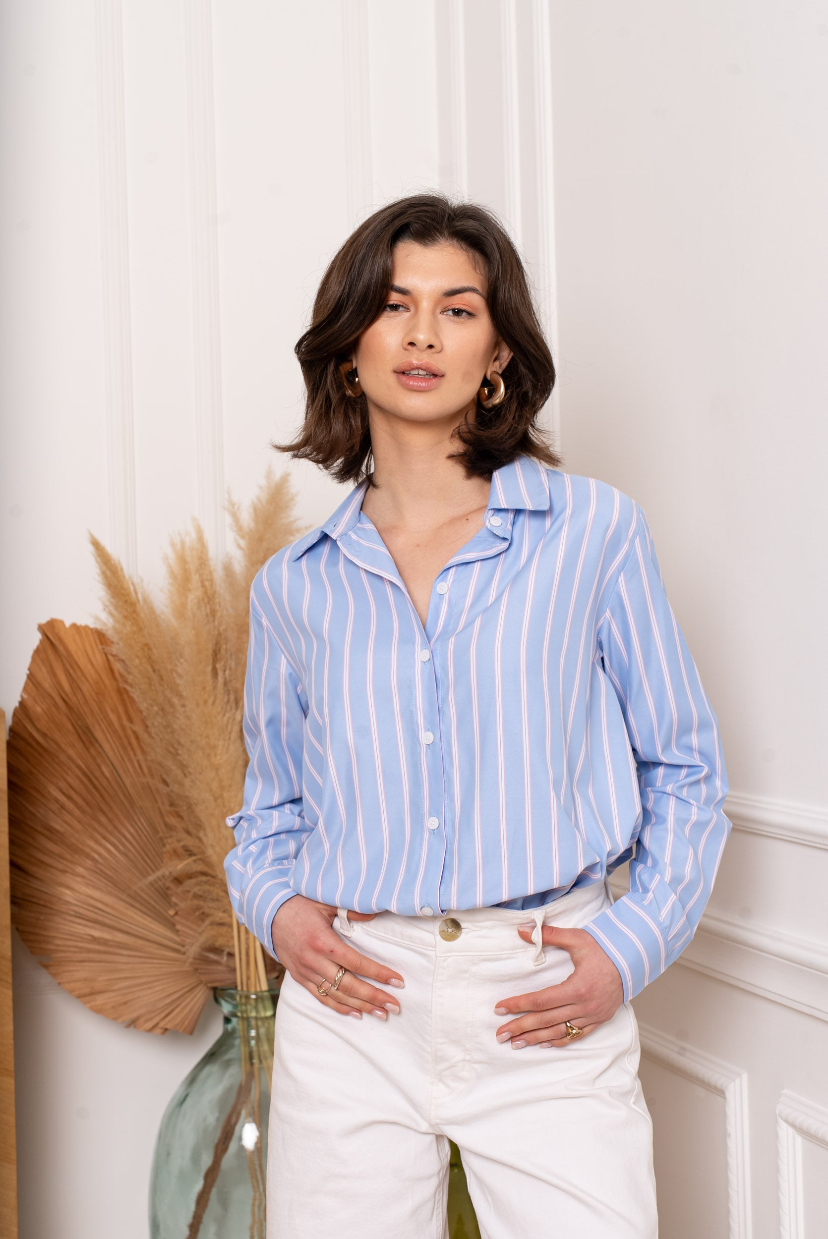Camisa rayas mujer en celeste y rosa