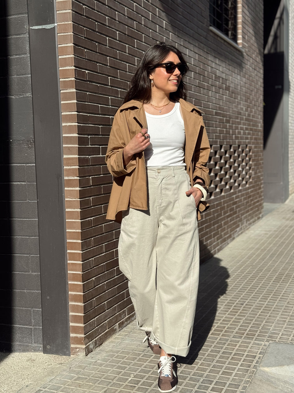Pantalón ballon de algodón mujer en beige