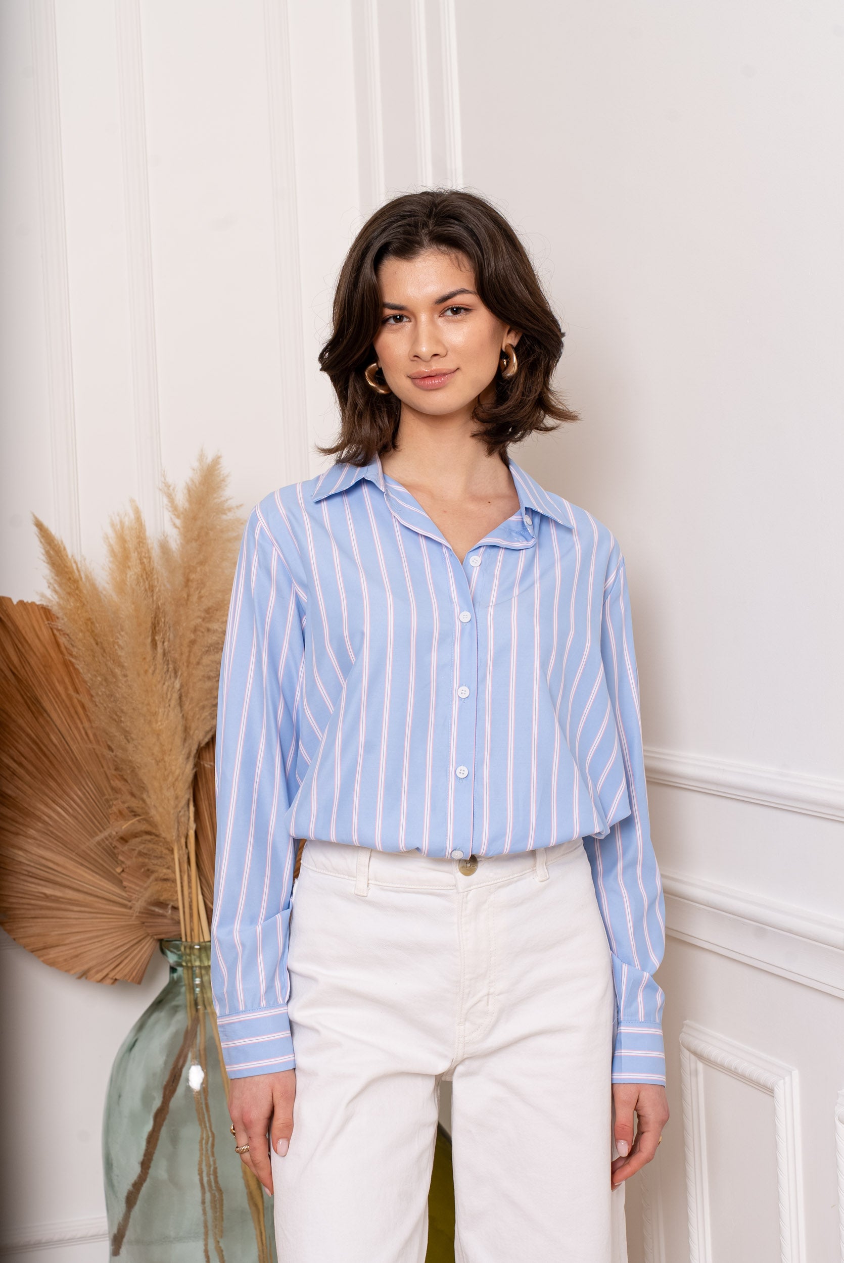 Camisa rayas mujer en celeste y rosa