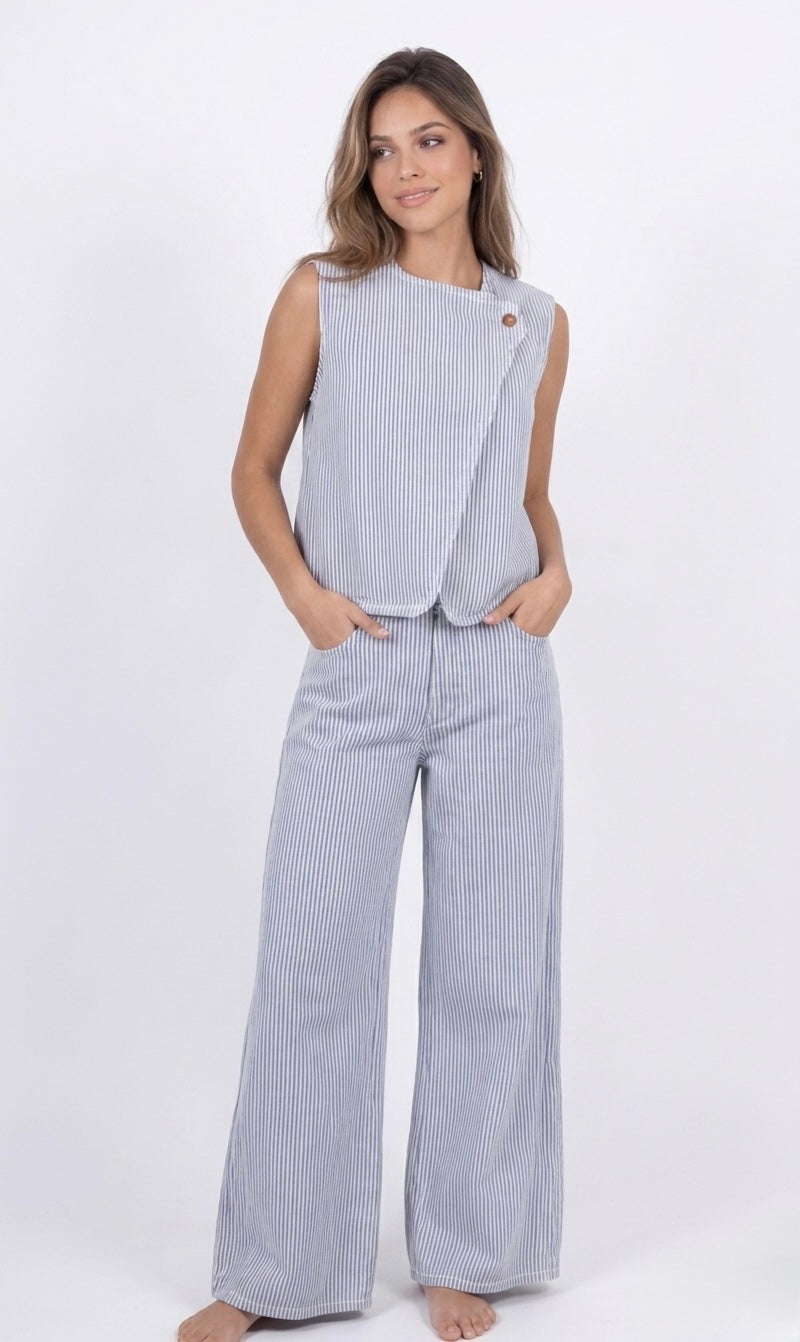 Pantalón raya denim color mujer