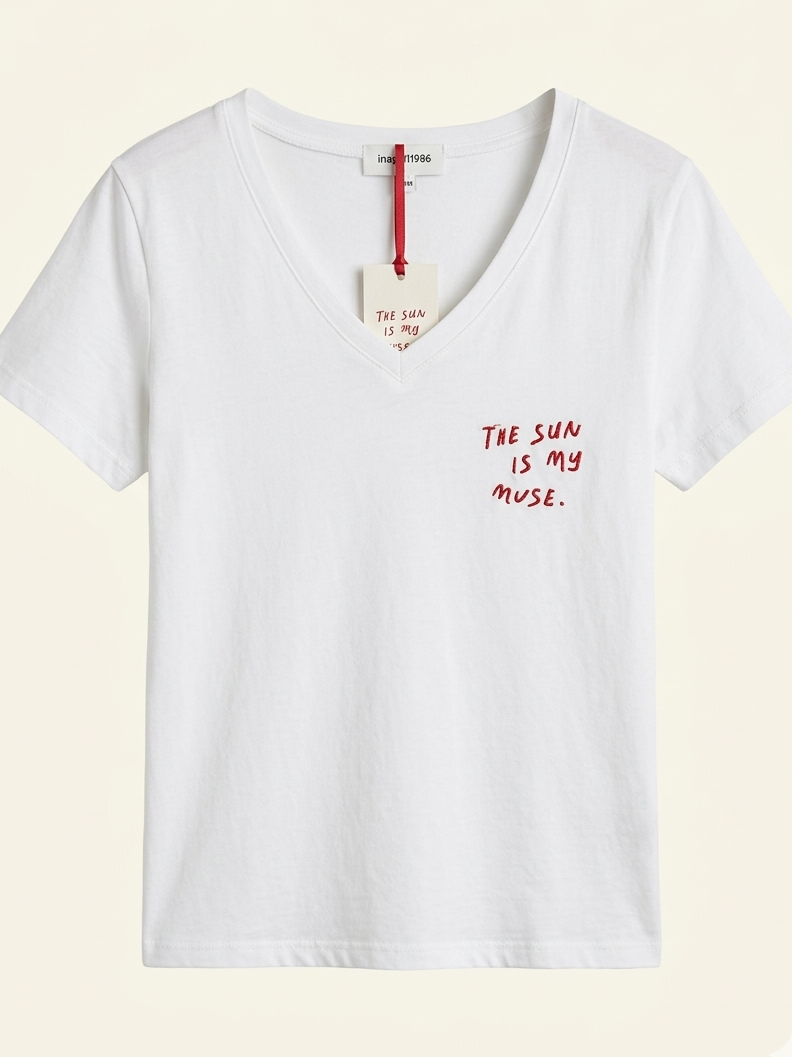 Camiseta manga corta y cuello pico de algodón mujer en blanco