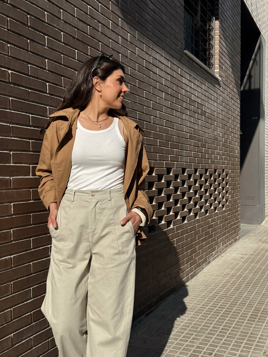 Pantalón ballon de algodón mujer en beige