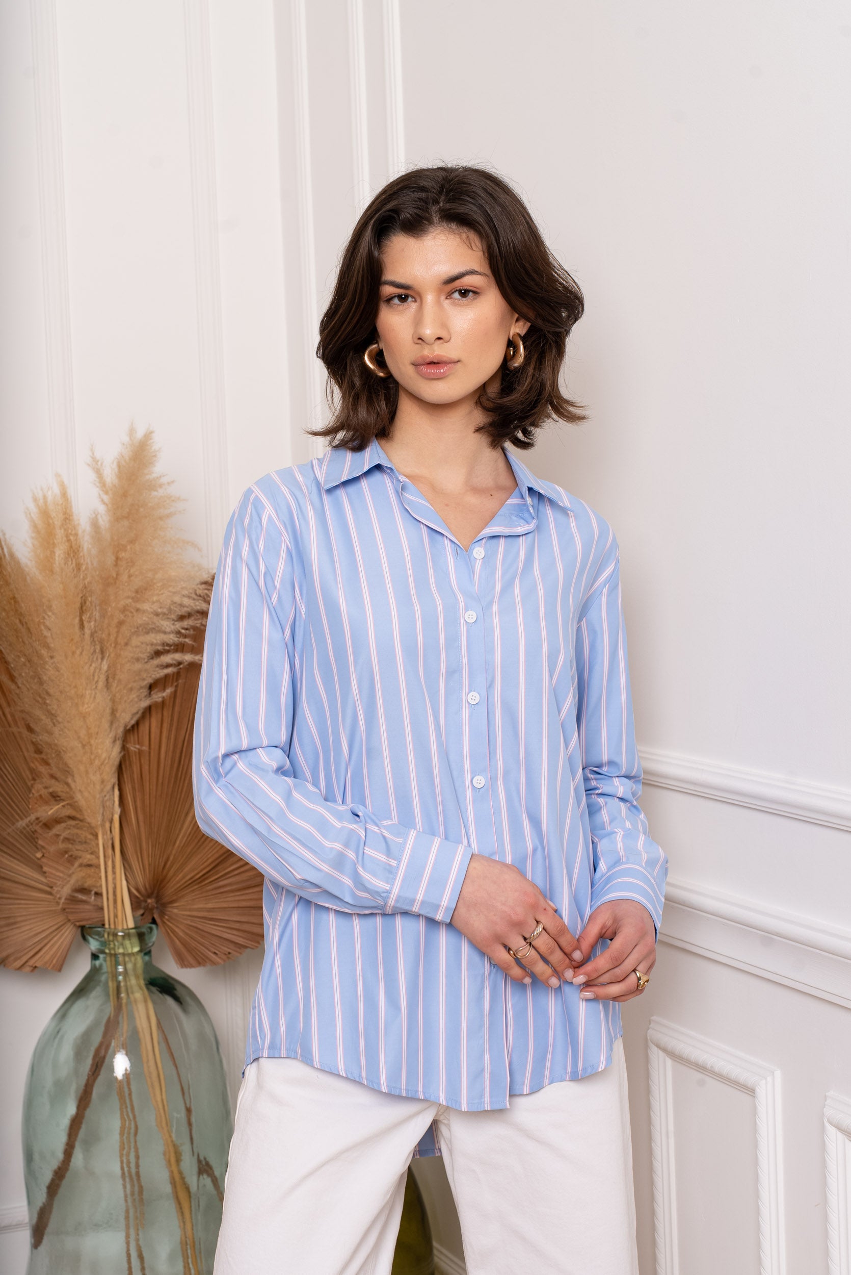 Camisa rayas mujer en celeste y rosa