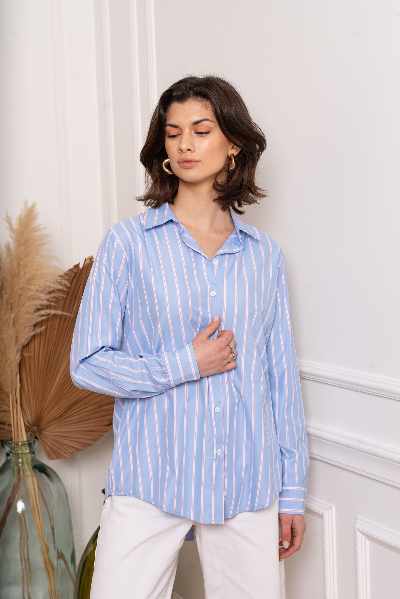 Camisa rayas mujer en celeste y rosa