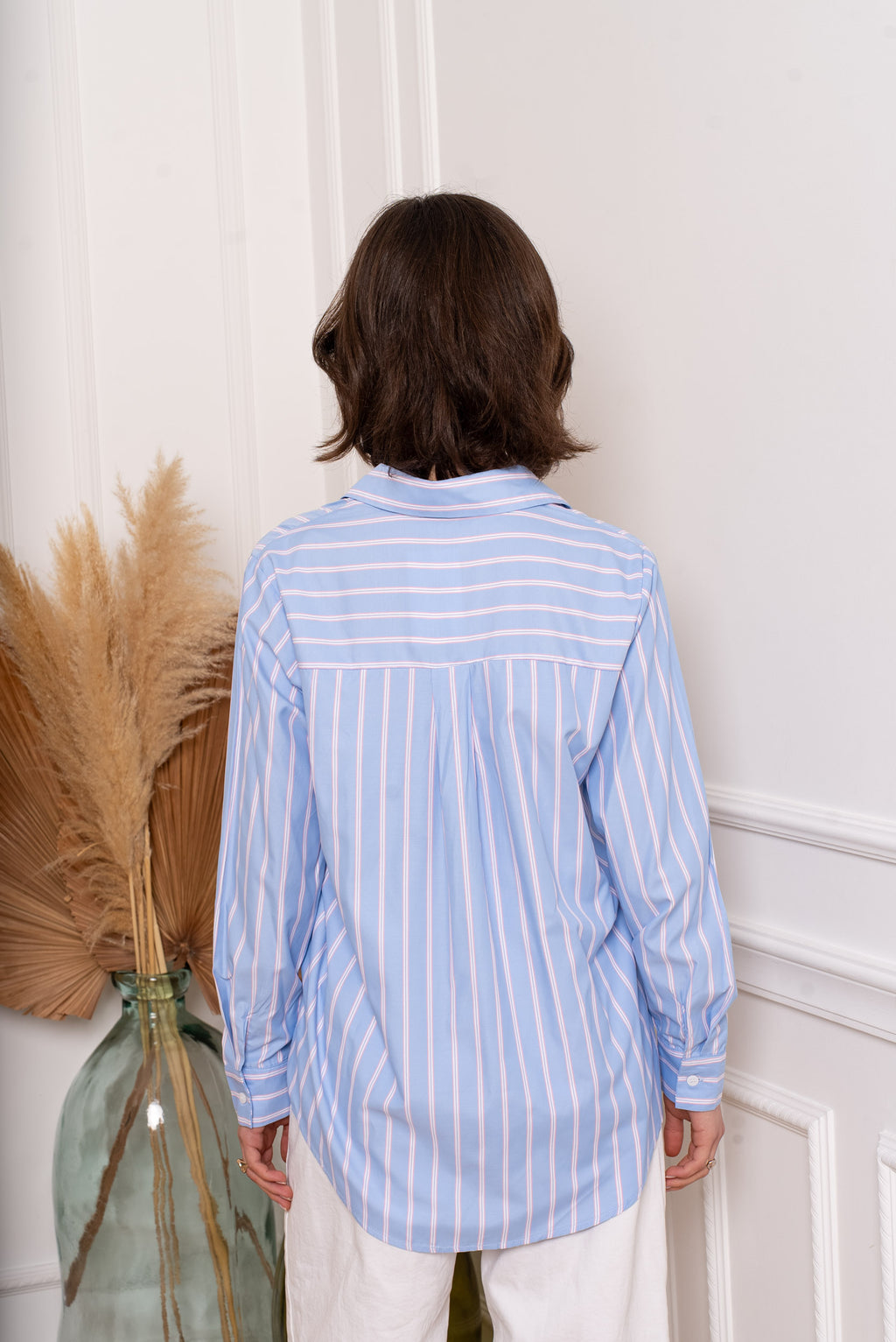 Camisa rayas mujer en celeste y rosa