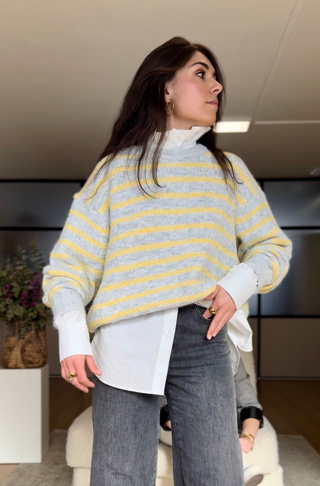 Jersey rayas mujer en gris y amarillo