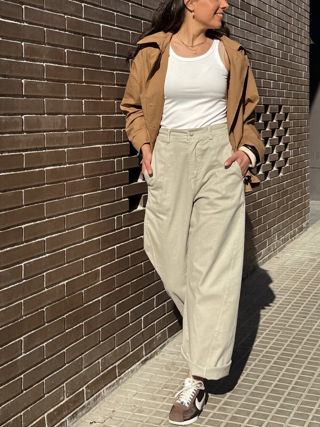 Pantalón ballon de algodón mujer en beige