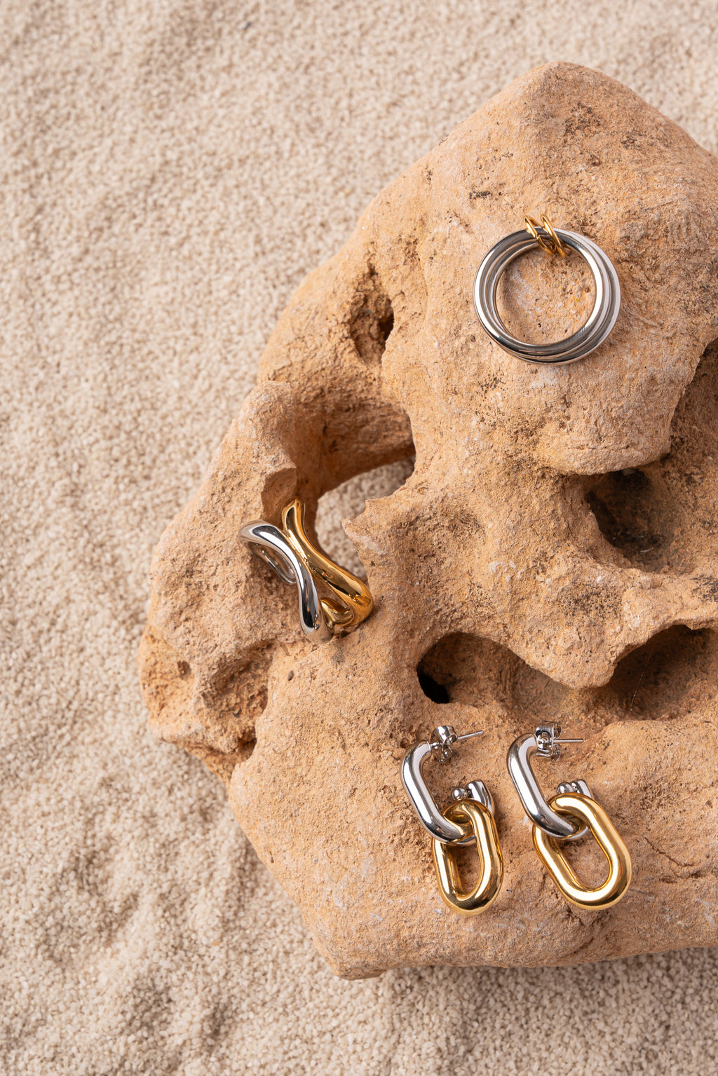 Pendiente doble pieza bicolor de eslabones de acero mujer