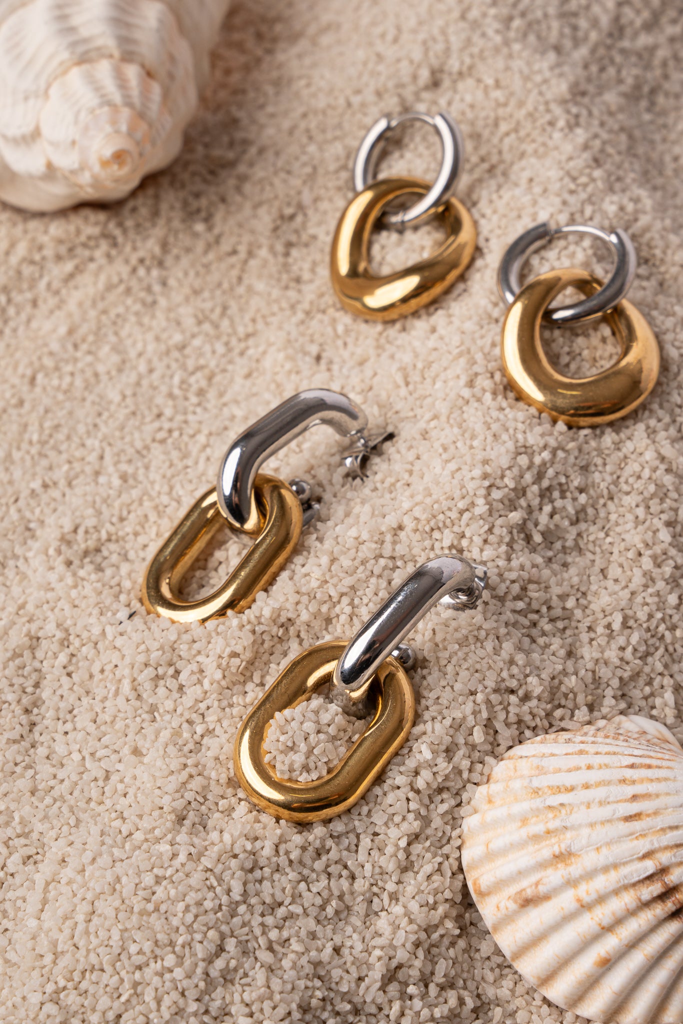 Pendiente doble pieza bicolor de eslabones de acero mujer