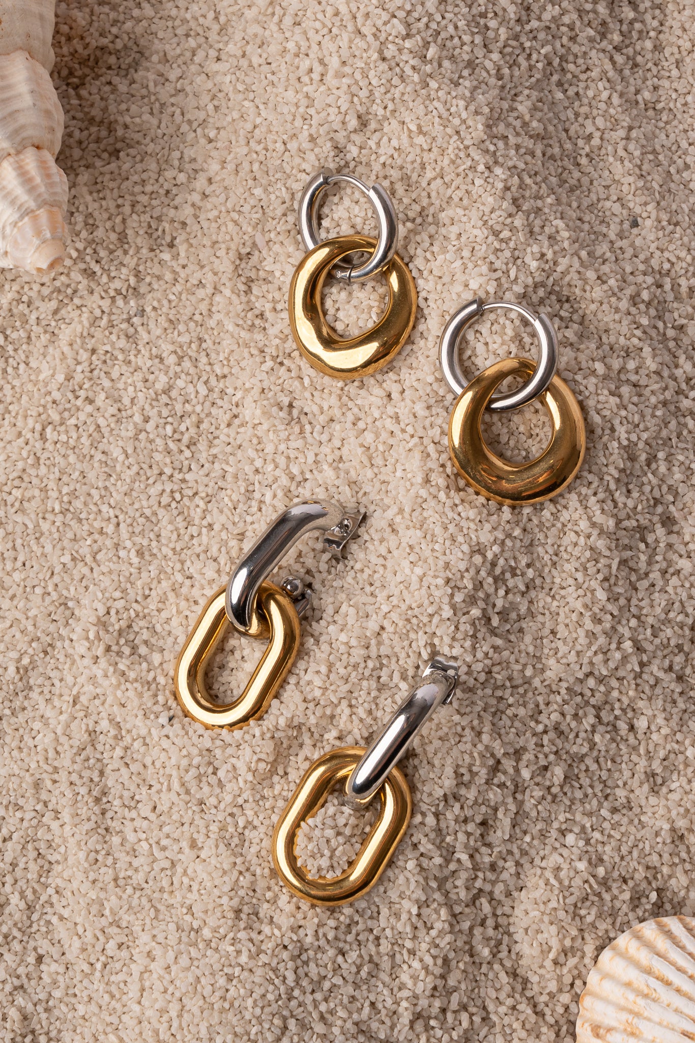 Pendiente doble pieza bicolor de eslabones de acero mujer