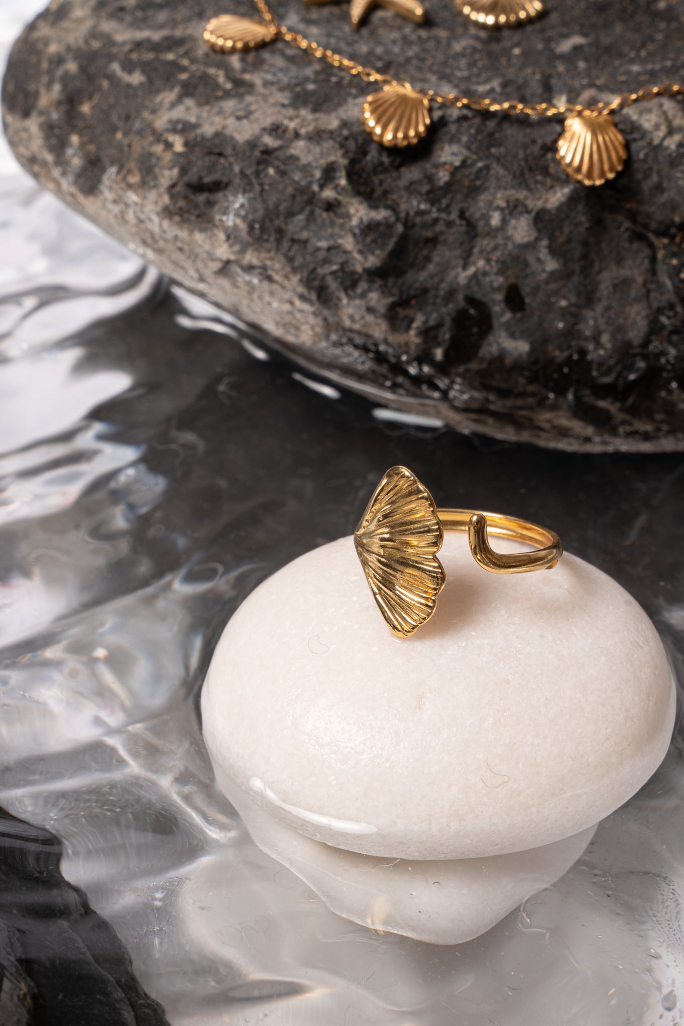 Anillo concha ajustable acero oro 18k mujer