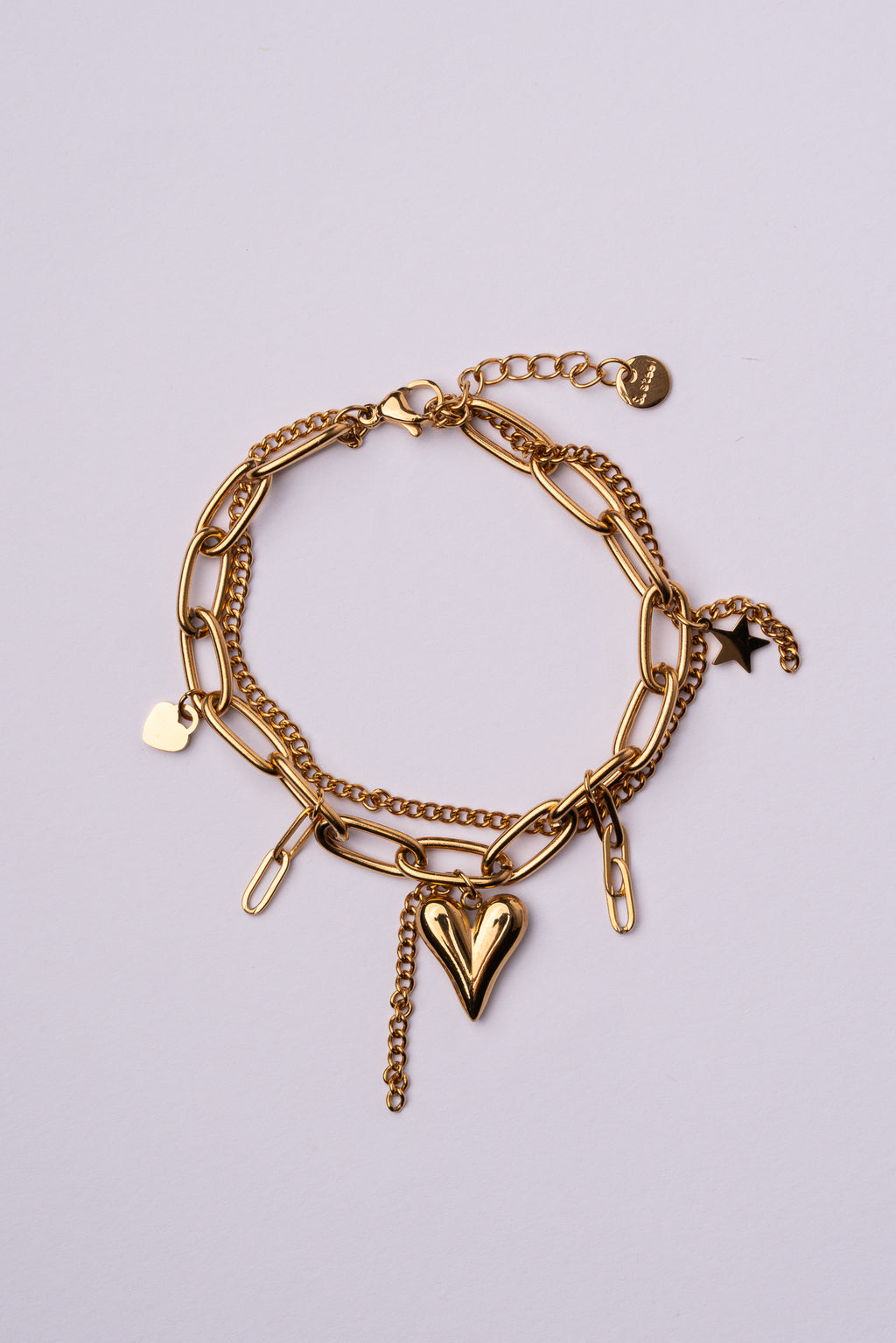 Pulsera doble cadena corazón acero oro 18k mujer
