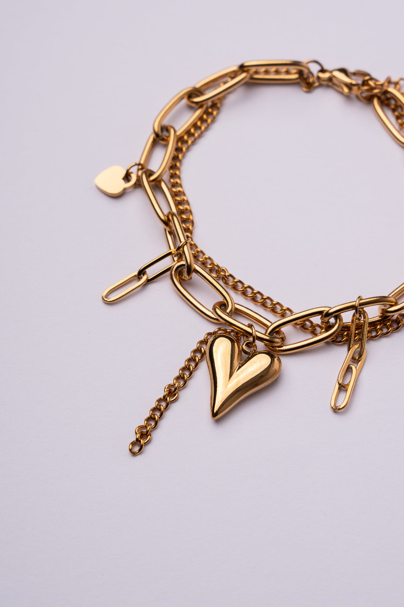Pulsera doble cadena corazón acero oro 18k mujer