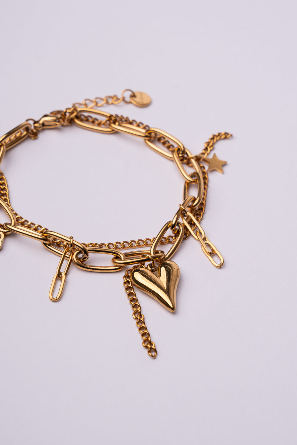 Pulsera doble cadena corazón acero oro 18k mujer