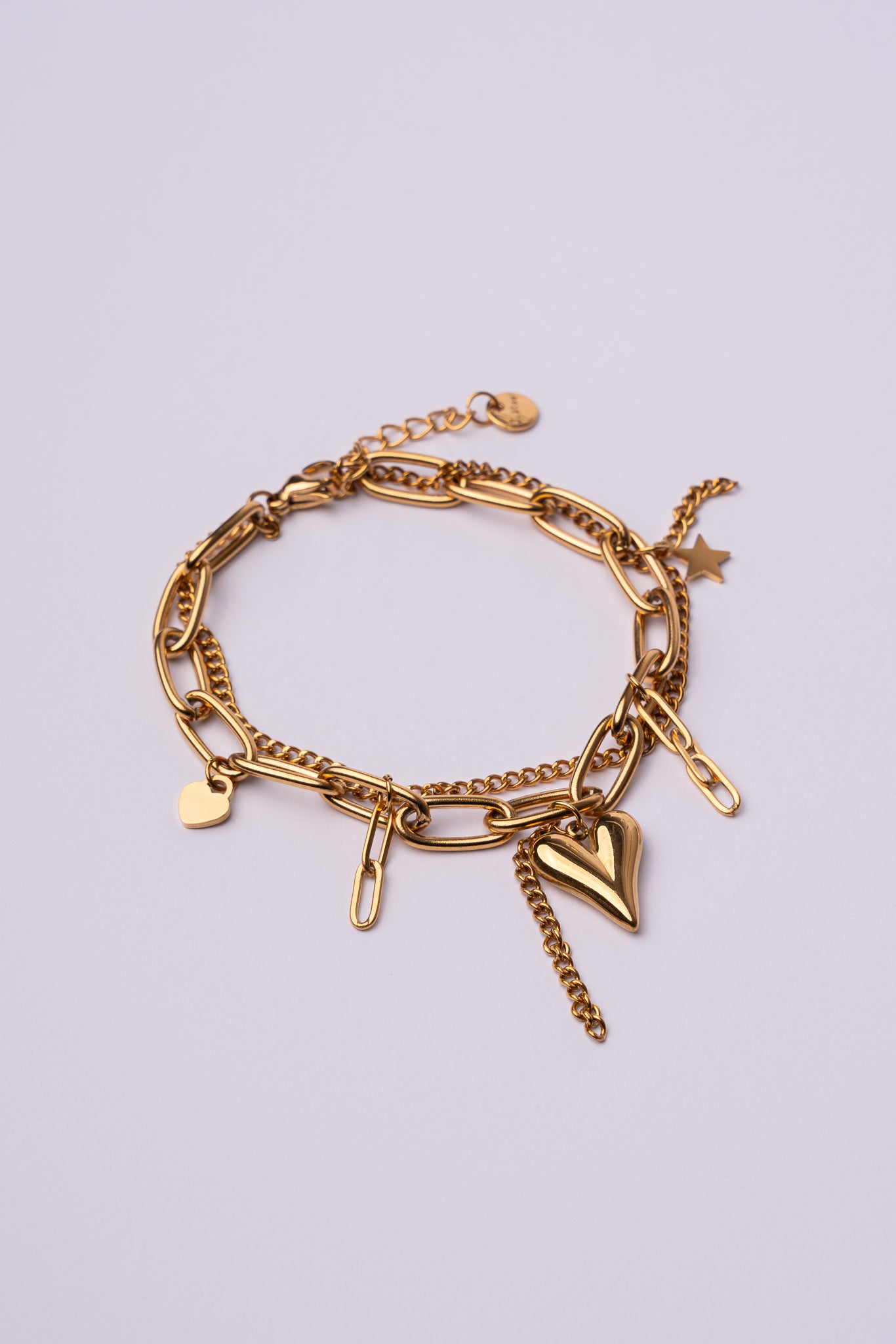 Pulsera doble cadena corazón acero oro 18k mujer