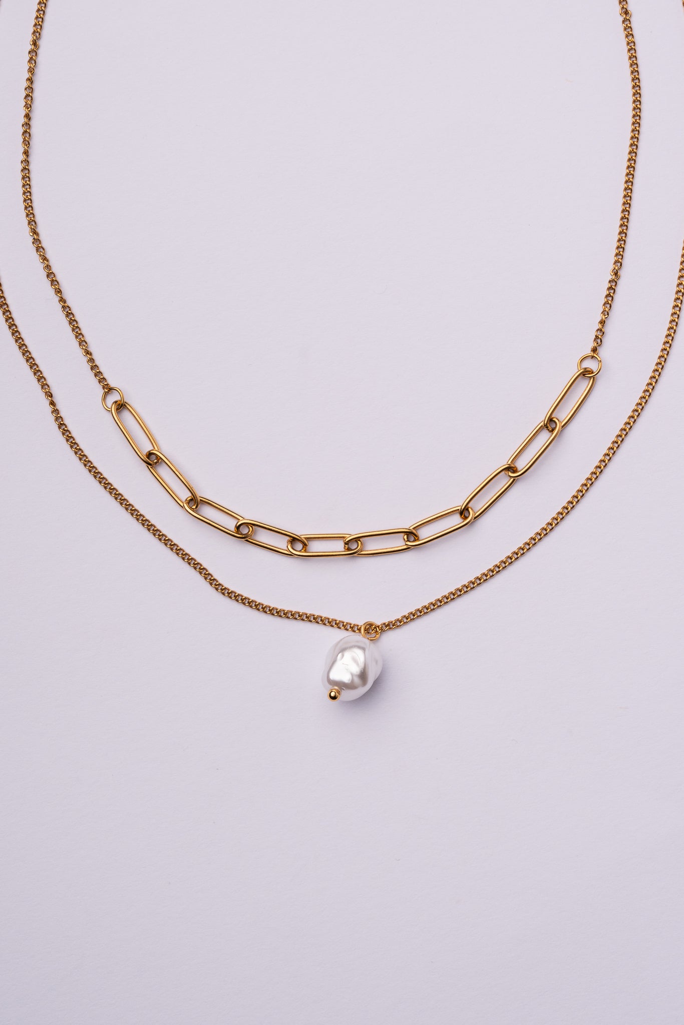 Collar doble con perla acero oro 18k mujer