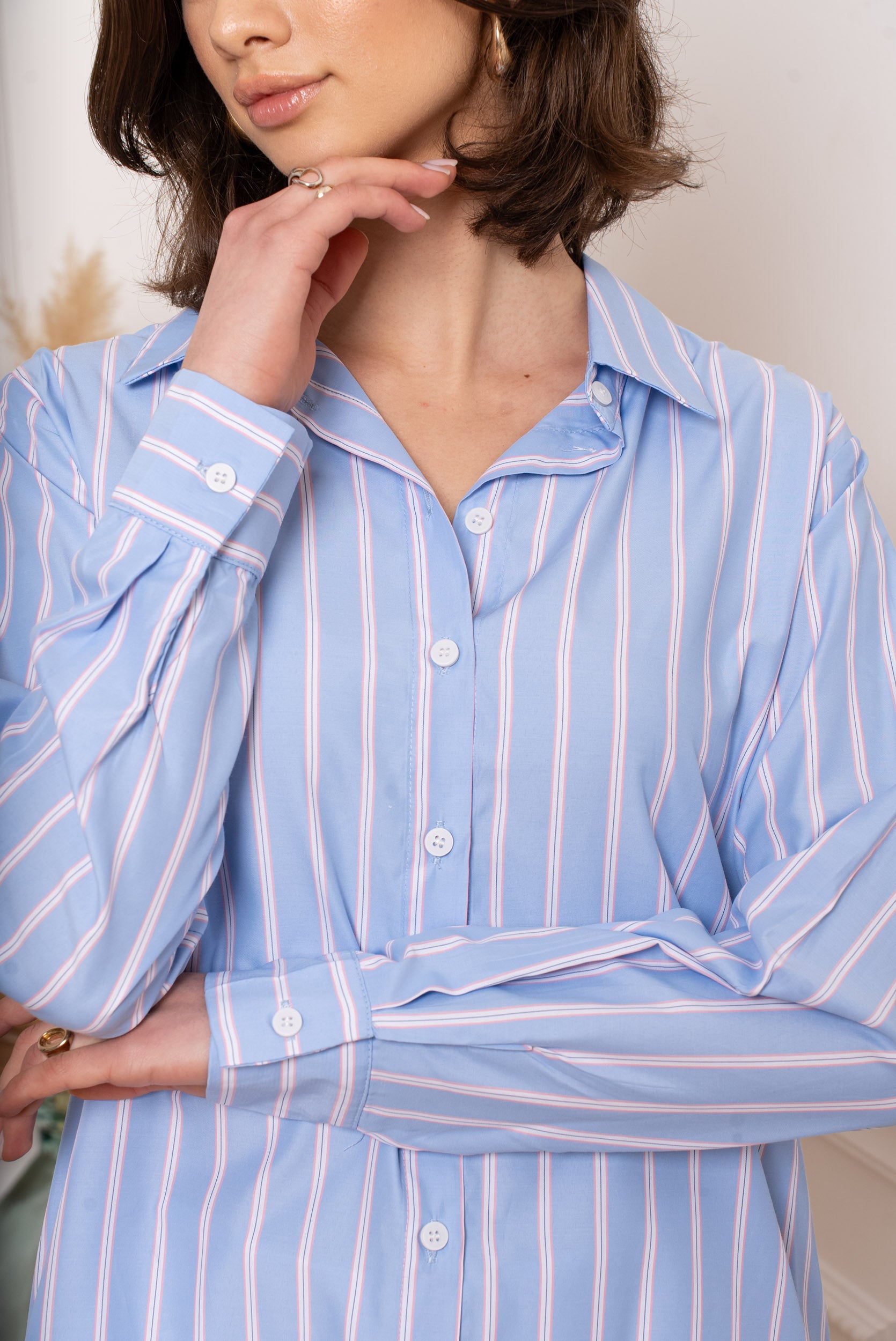 Camisa rayas mujer en celeste y rosa