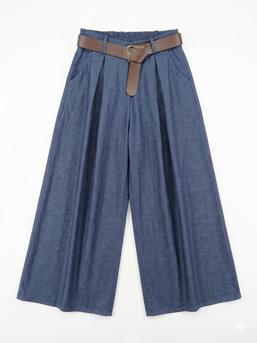 Pantalón denim palazzo con pinzas y cinturón