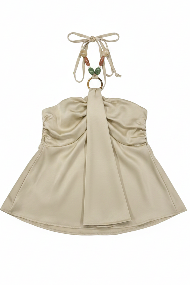 Top satinado piedras escote