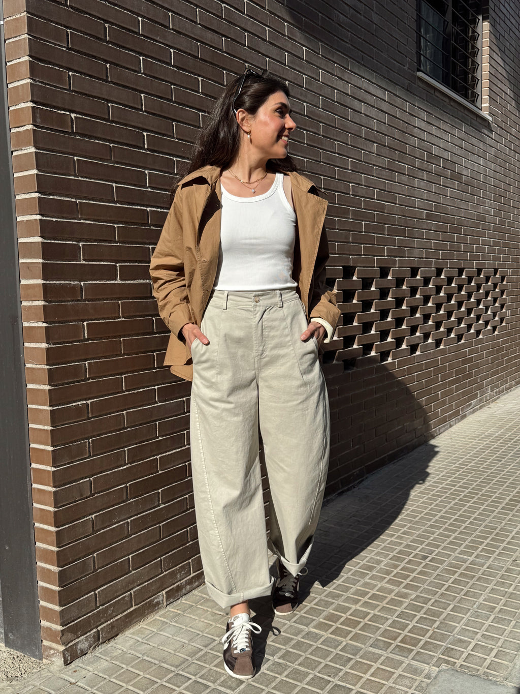 Pantalón ballon de algodón mujer en beige