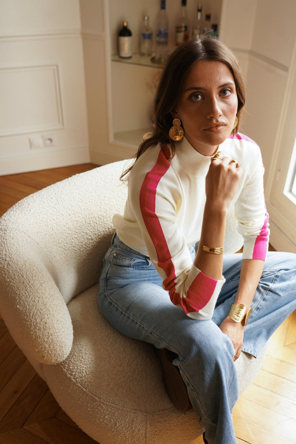 Jersey cuello perkins con raya mujer en crudo