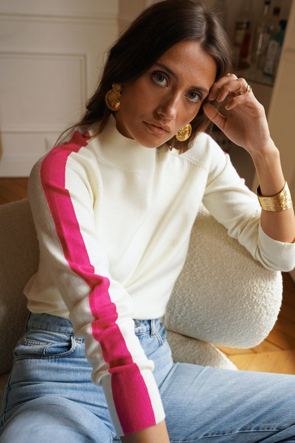 Jersey cuello perkins con raya mujer en crudo
