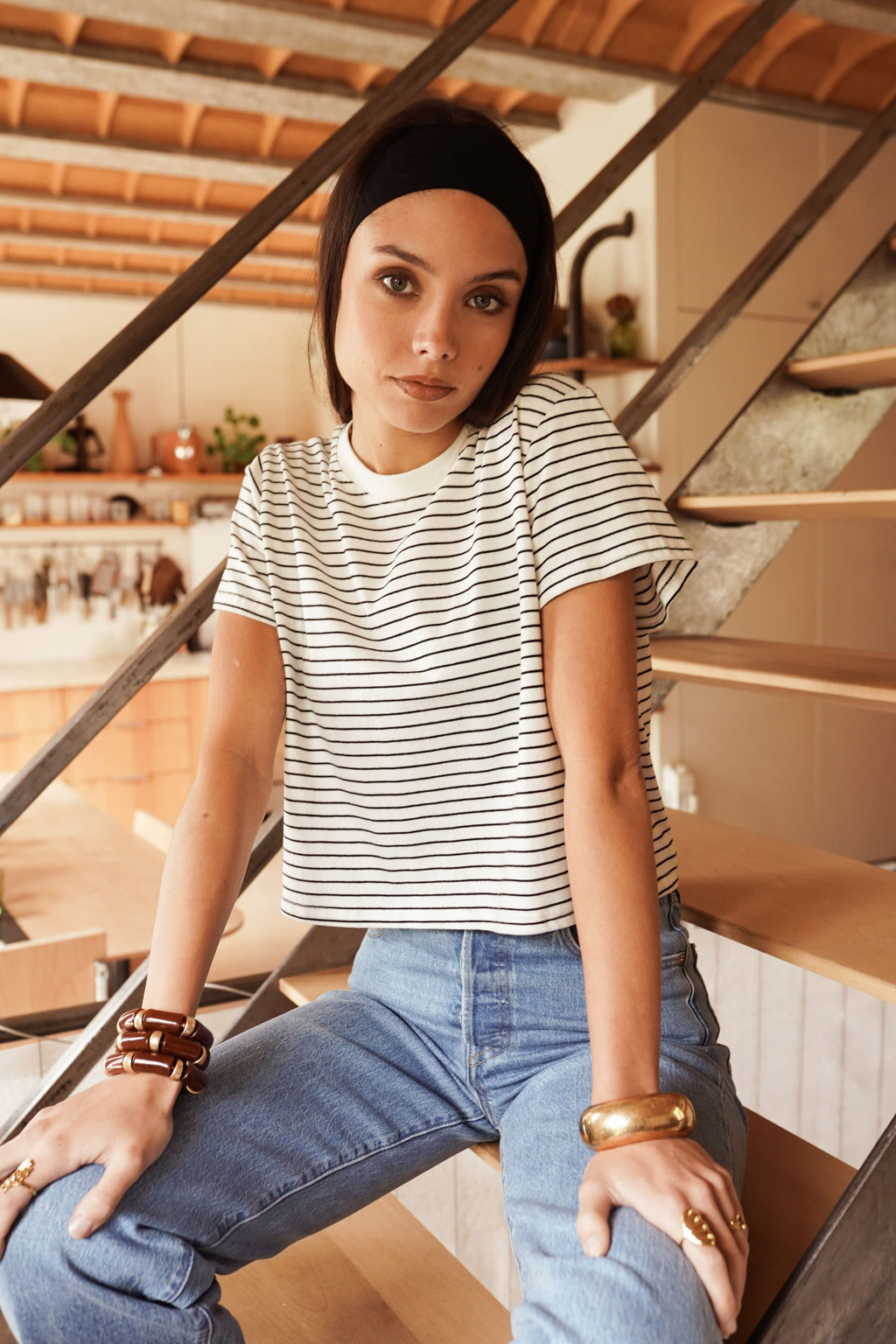 Camiseta rayas marinera manga corta mujer