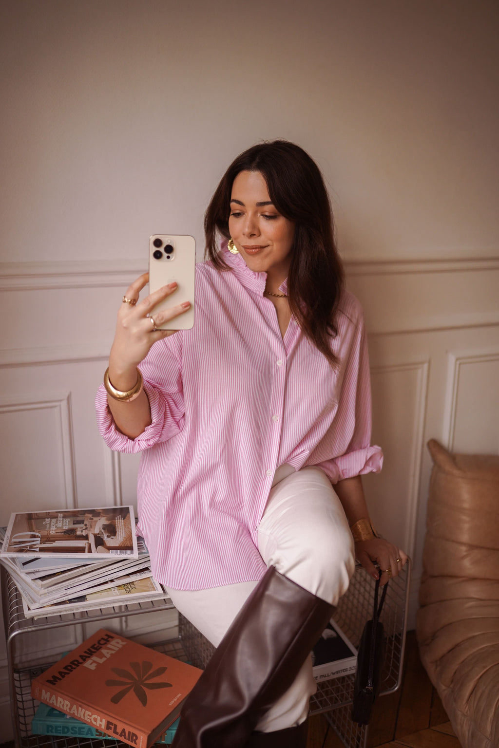 Camisa rayas cuello romantico mujer en rosa