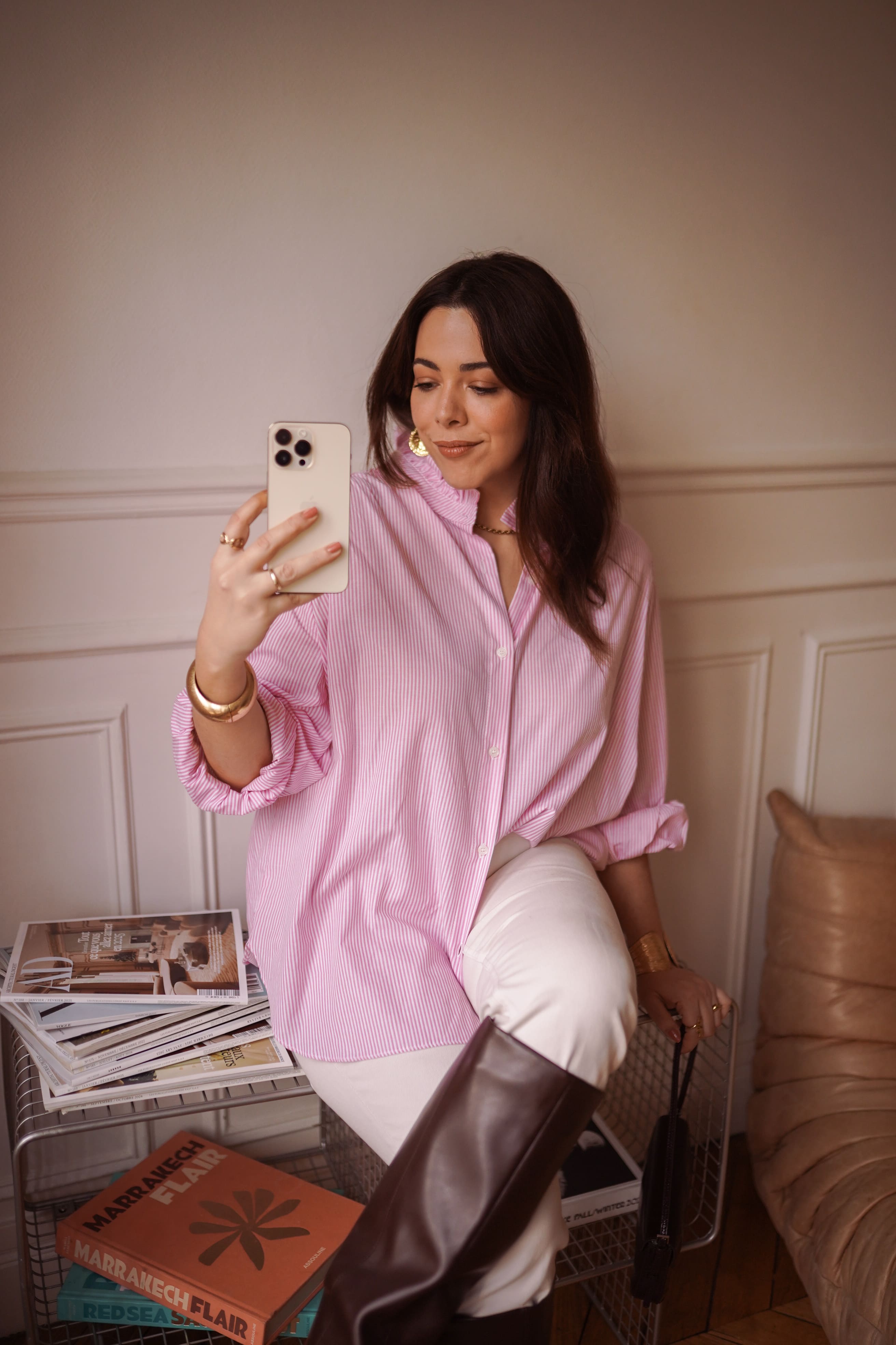 Camisa rayas cuello romantico mujer en rosa