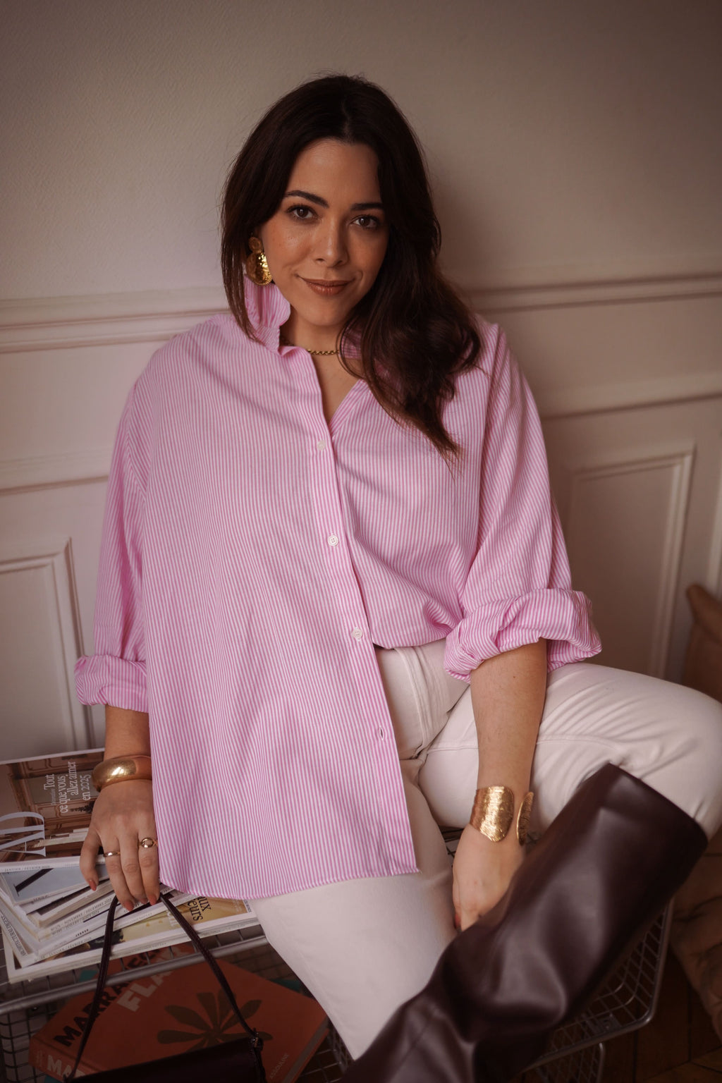 Camisa rayas cuello romantico mujer en rosa