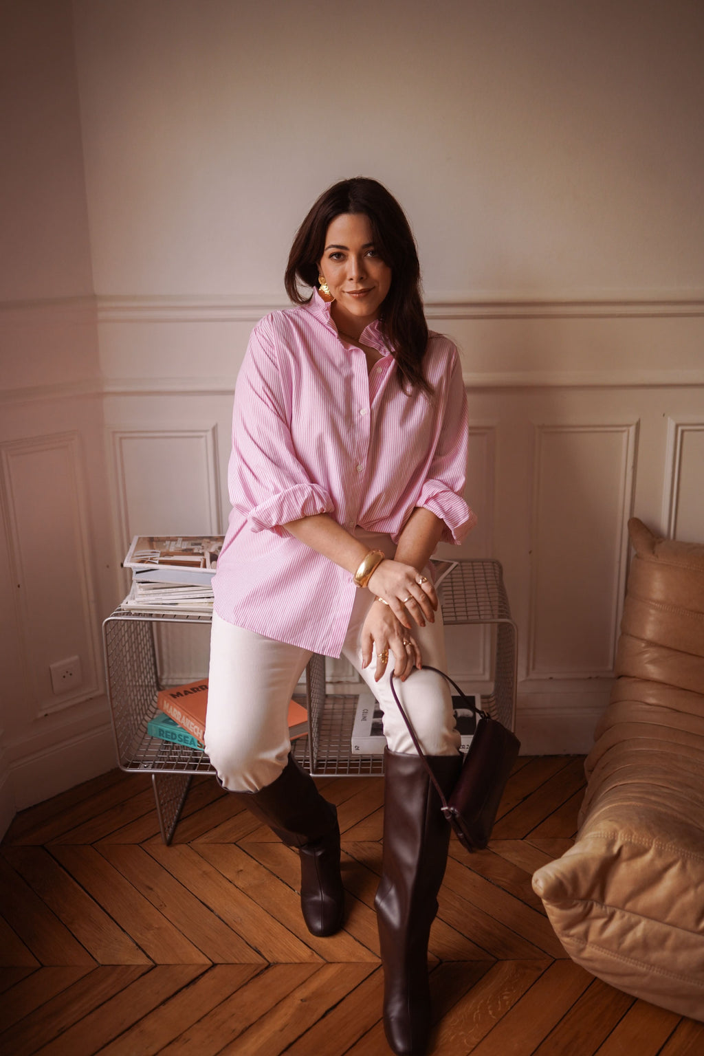 Camisa rayas cuello romantico mujer en rosa