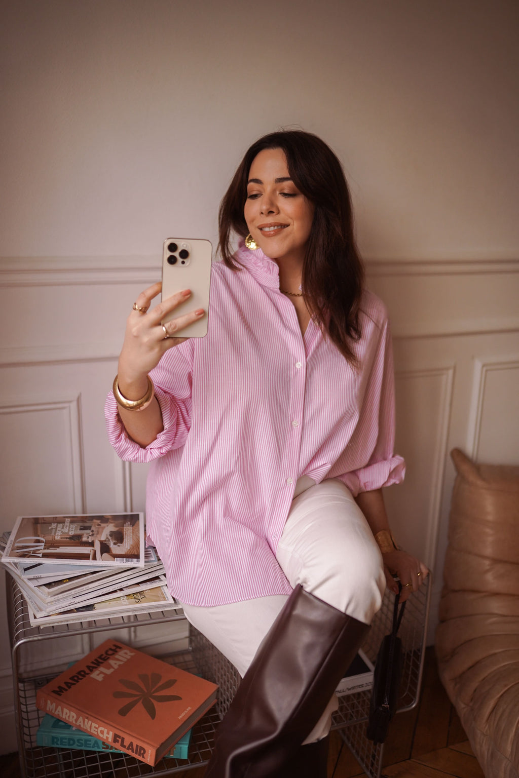 Camisa rayas cuello romantico mujer en rosa