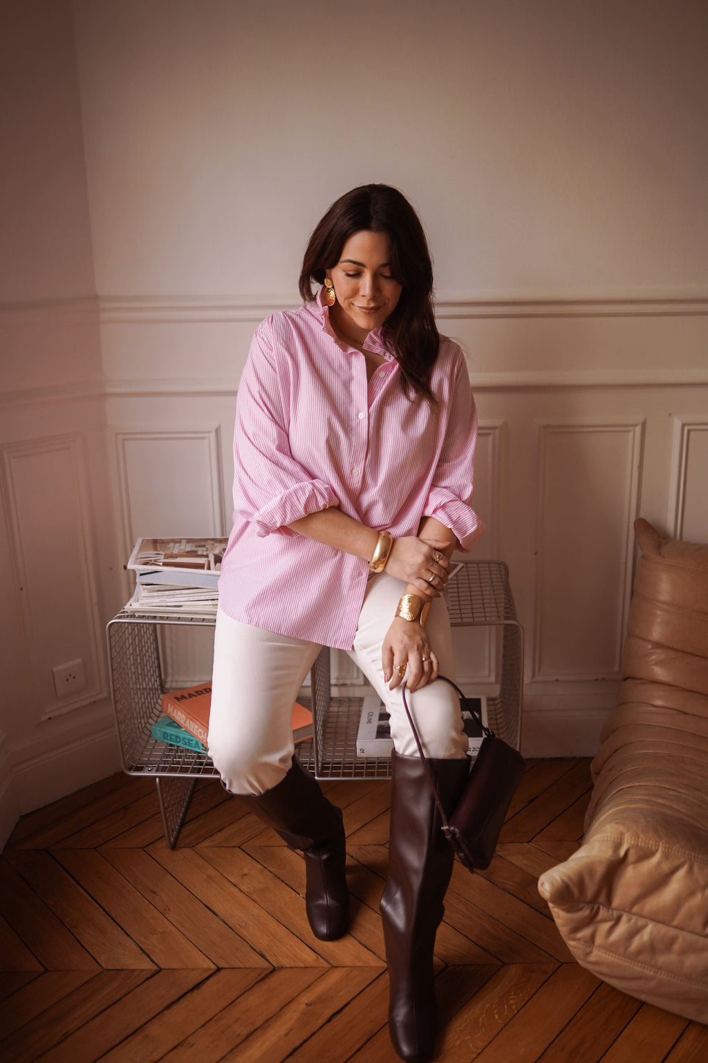 Camisa rayas cuello romantico mujer en rosa