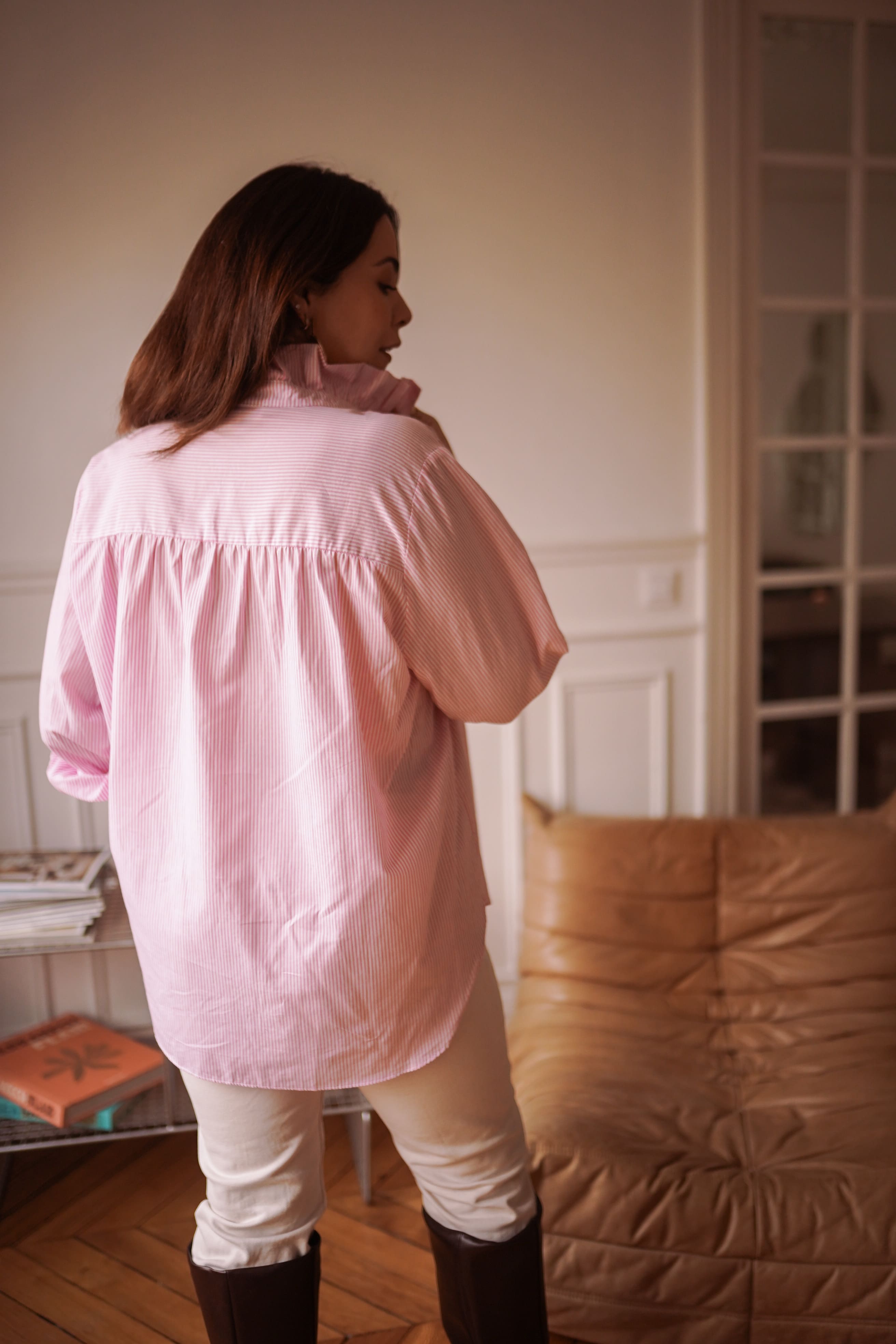 Camisa rayas cuello romantico mujer en rosa