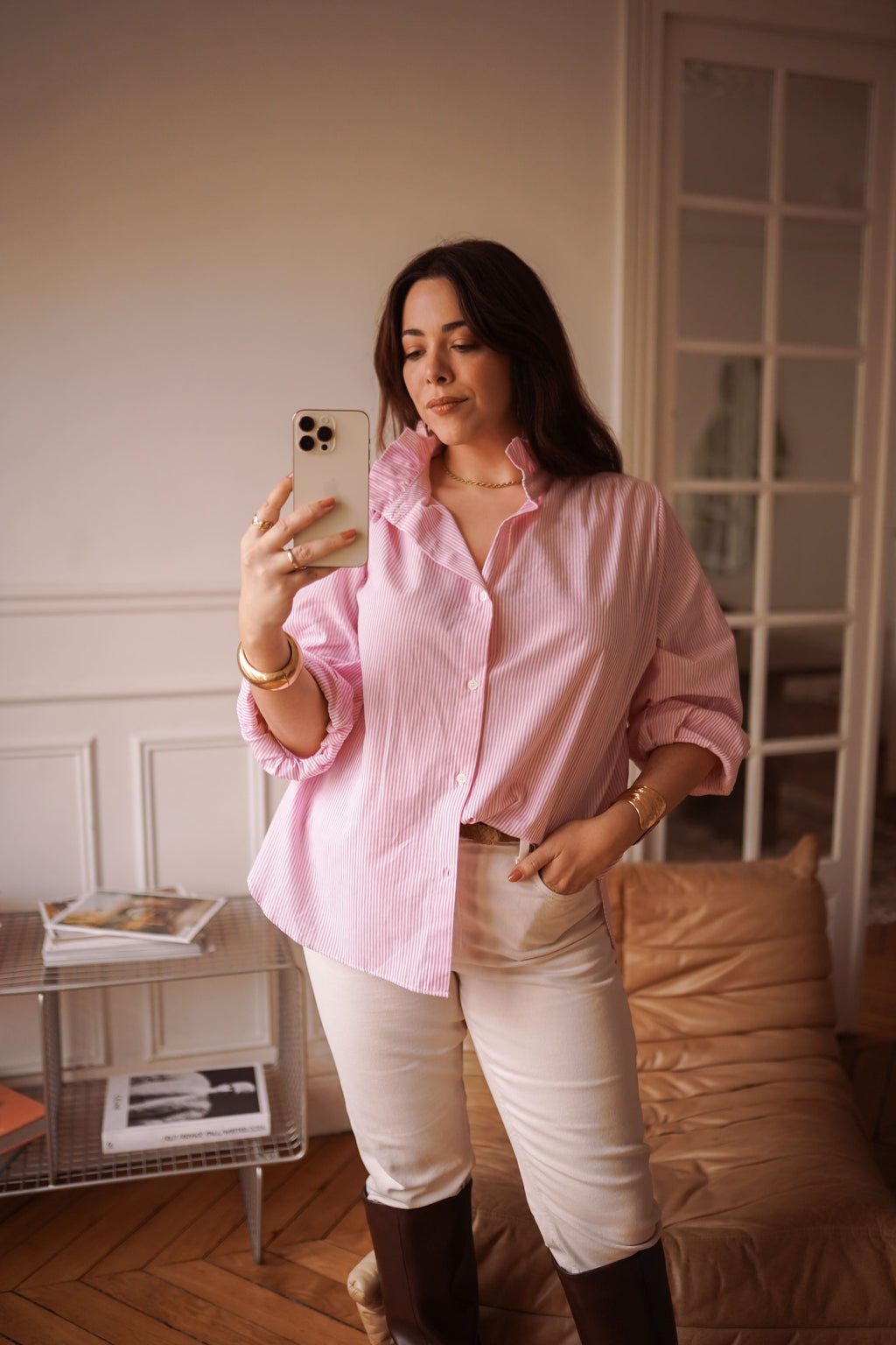 Camisa rayas cuello romantico mujer en rosa