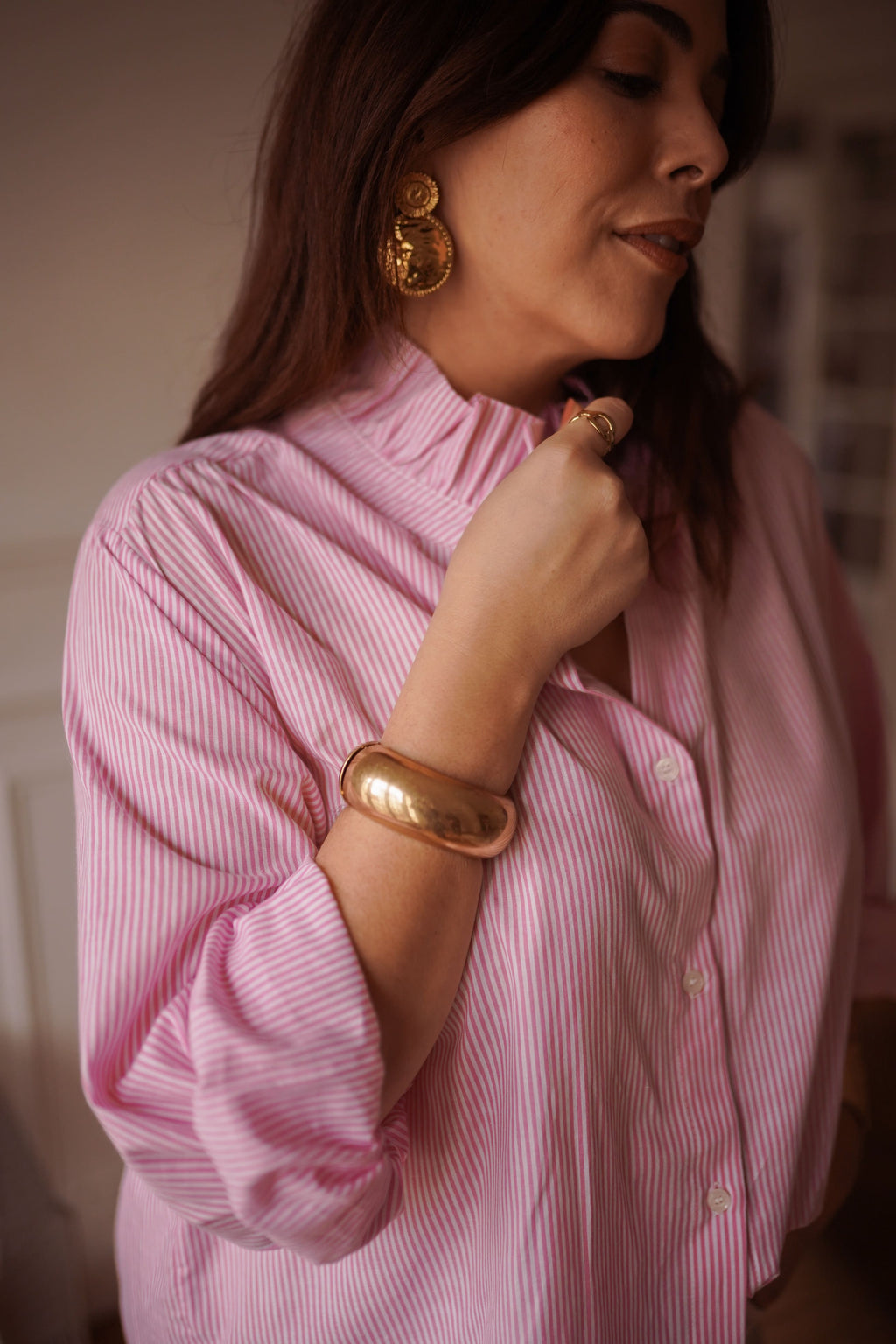 Camisa rayas cuello romantico mujer en rosa