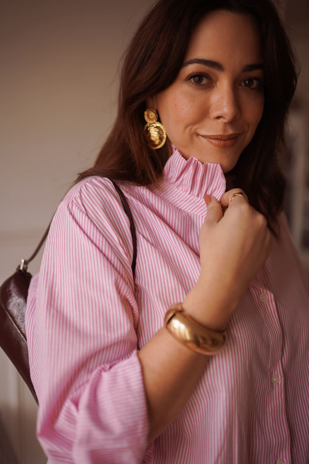 Camisa rayas cuello romantico mujer en rosa