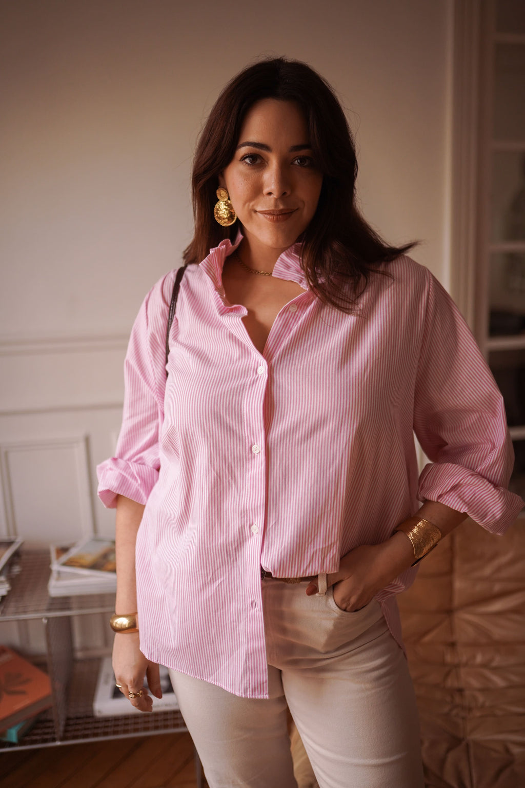 Camisa rayas cuello romantico mujer en rosa